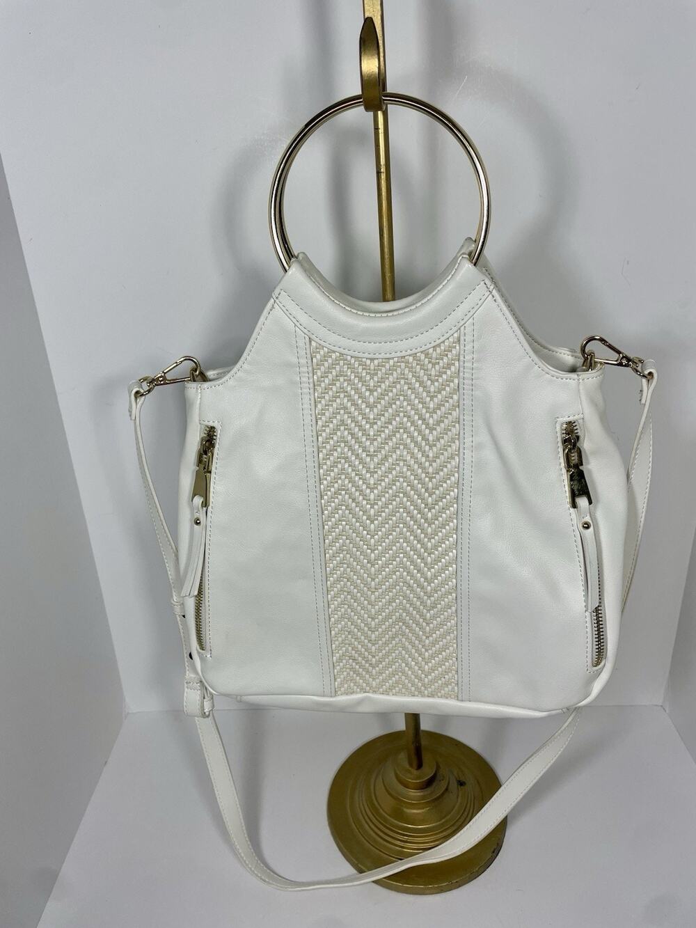 INC International Concepts White Top Handle Bag Gold Hardware Zipper Pockets